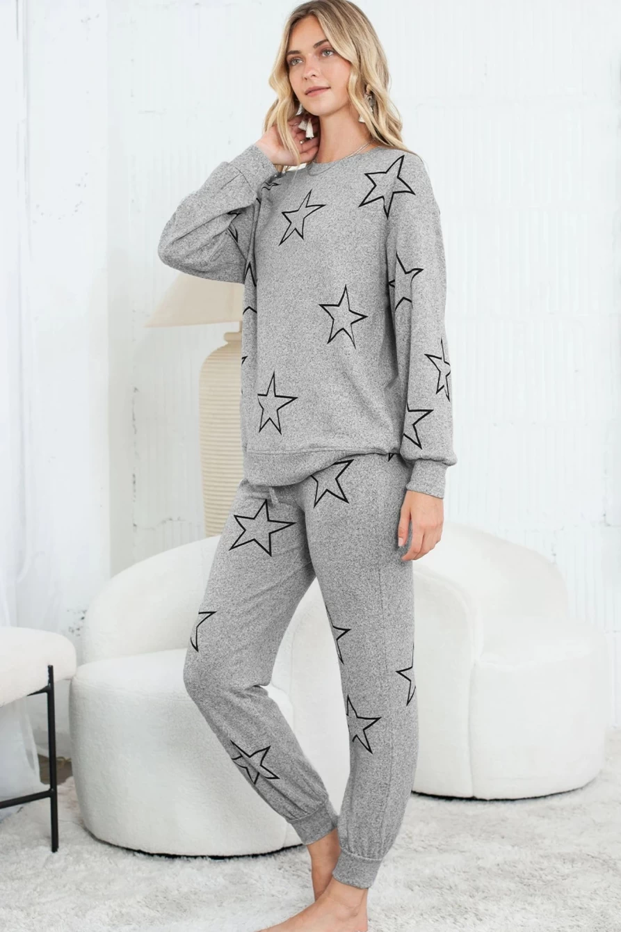 Shewin Women's Gray Stars Print Long Sleeve Top and Drawstring Pants Lounge Set