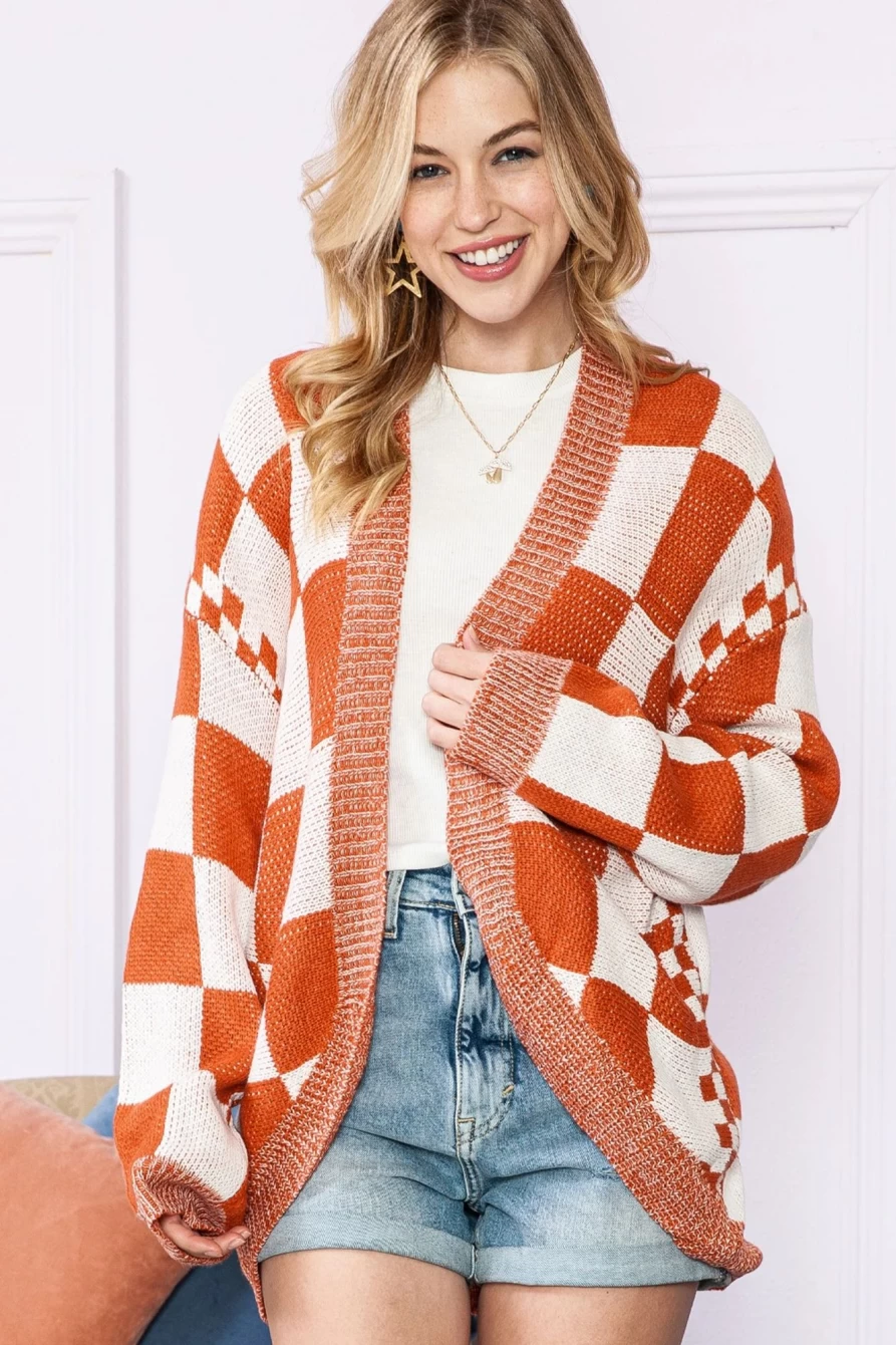 Shewin Women's Chestnut Mix Checkered Open Front Knit Cardigan