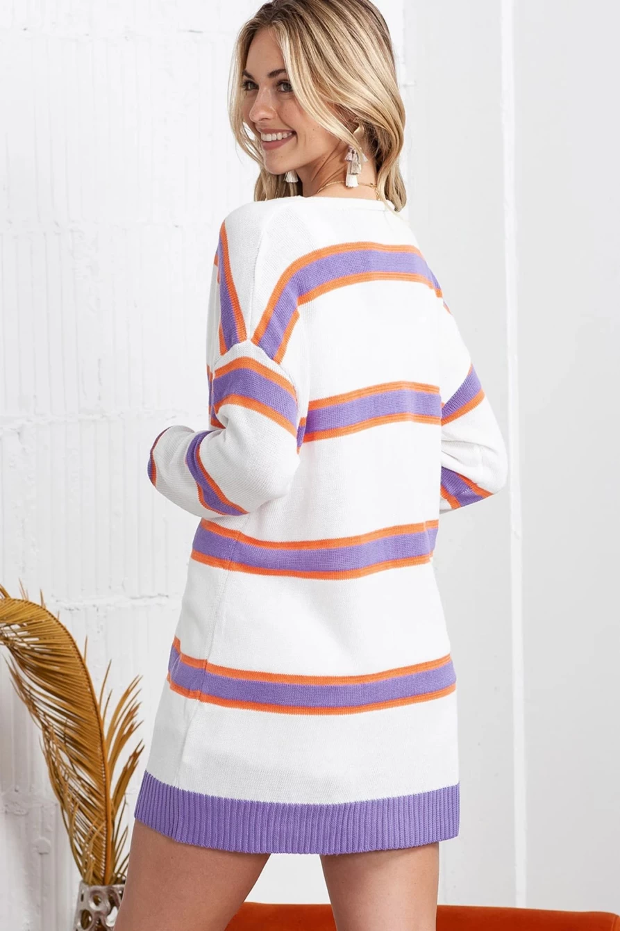 Women's Beige Striped Long Sleeve Ribbed Trim Button Cardigan | Shewin