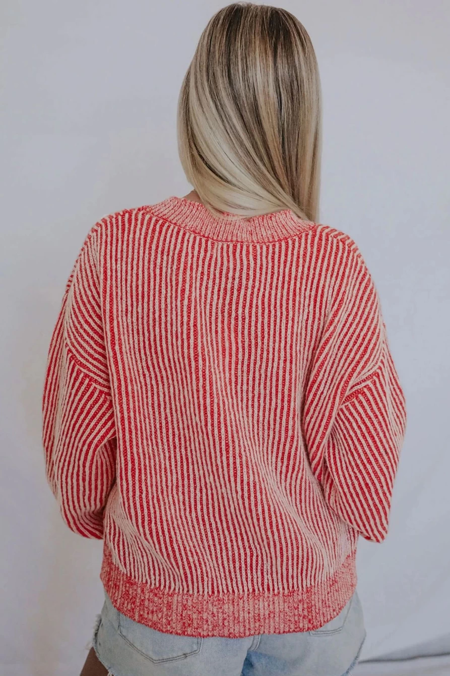 Shewin Women's Red Striped Casual Round Neck Sweater