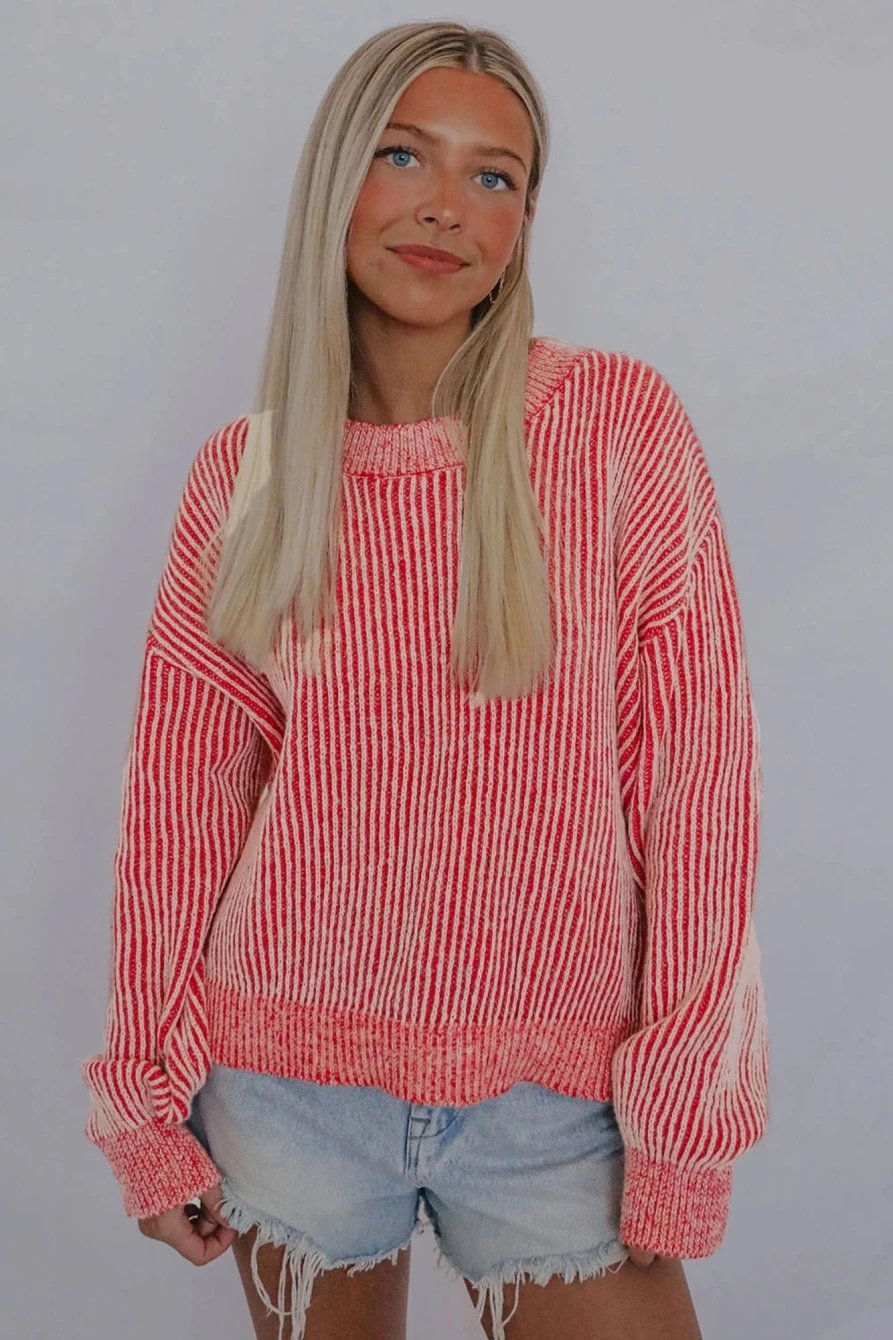 Shewin Women's Red Striped Casual Round Neck Sweater