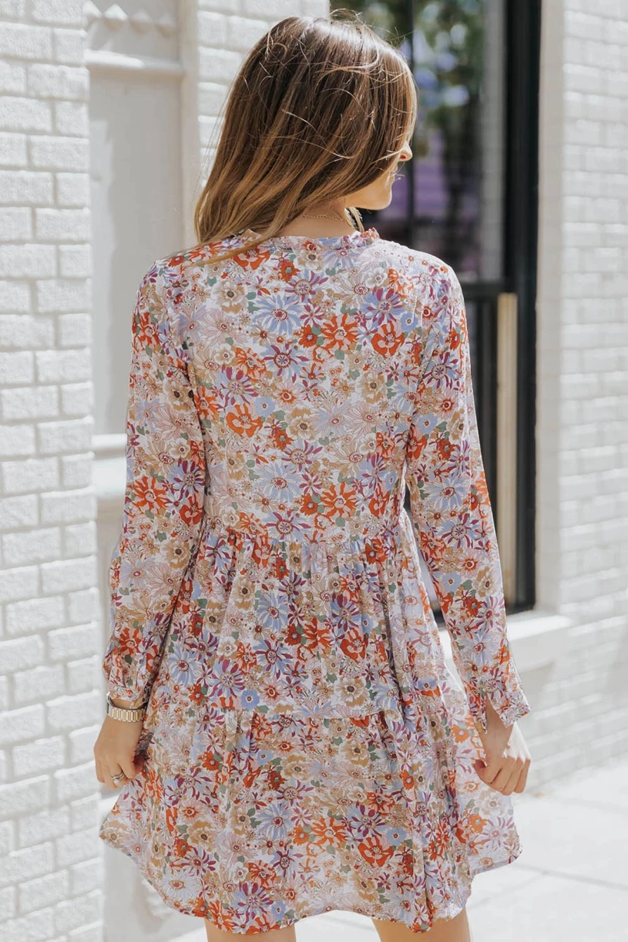 Shewin Women's Multicolor Floral Print Split V-Neck Long Sleeve Tunic Dress