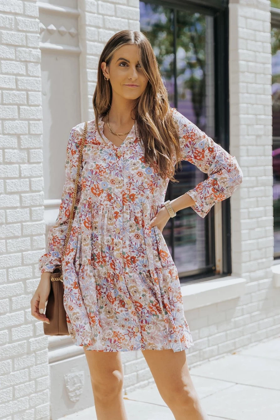 Shewin Women's Multicolor Floral Print Split V-Neck Long Sleeve Tunic Dress