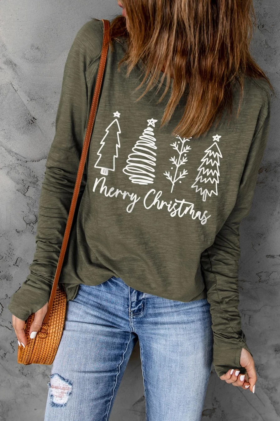 "SheWin Women's Green Christmas Tree Graphic Tee with Thumbhole Sleeves - Festive Holiday Pullover Top"