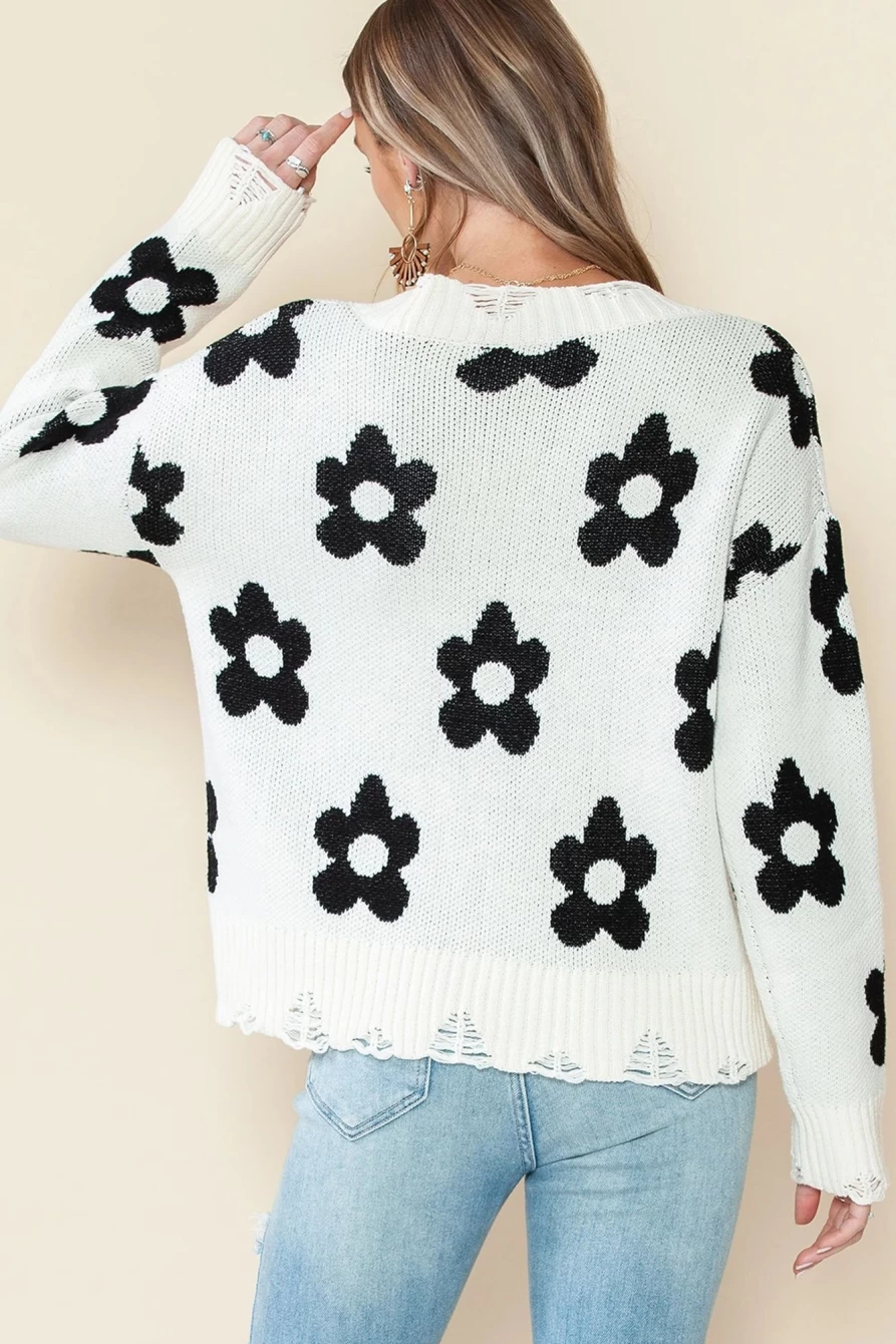 Shewin Women's Beige Floral Print Distressed Knit Sweater V-Neck Pullover