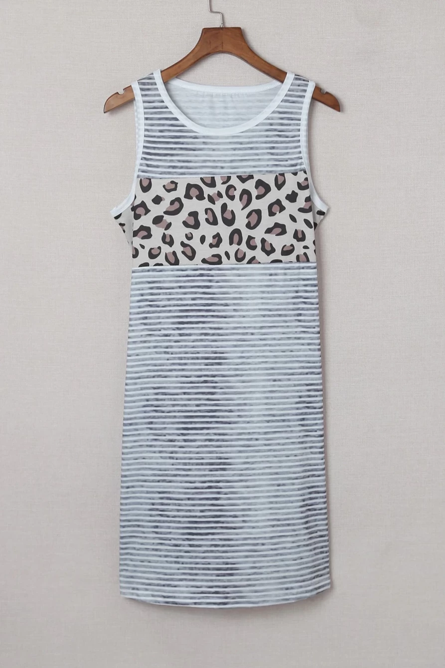 Shewin Women's Gray Striped Leopard Patchwork Short Sleeve Tank Dress