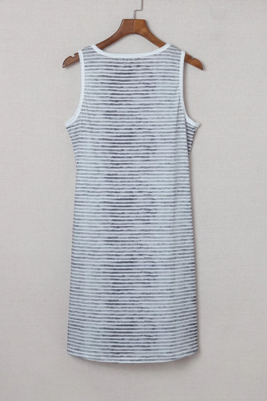 Shewin Women's Gray Striped Leopard Patchwork Short Sleeve Tank Dress