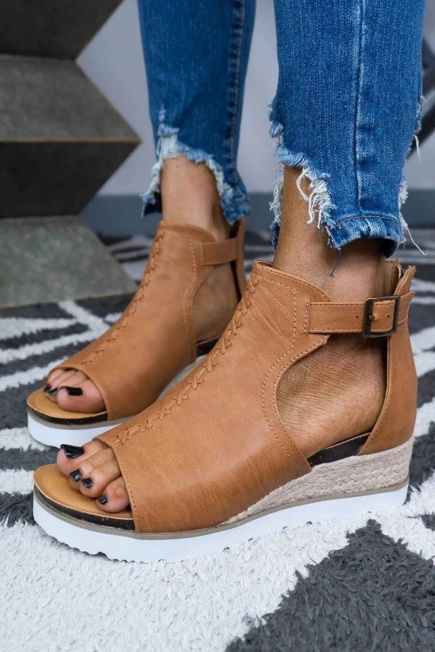 Shewin Women's Brown PU Cutout Buckle Strap Platform Sandals - Fashionable High Heel Summer Shoes