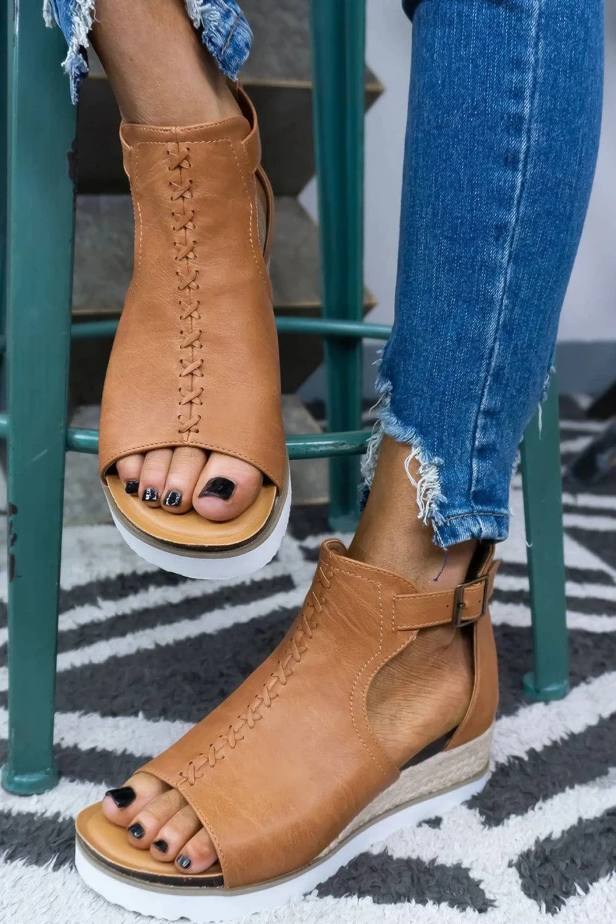 Shewin Women's Brown PU Cutout Buckle Strap Platform Sandals - Fashionable High Heel Summer Shoes