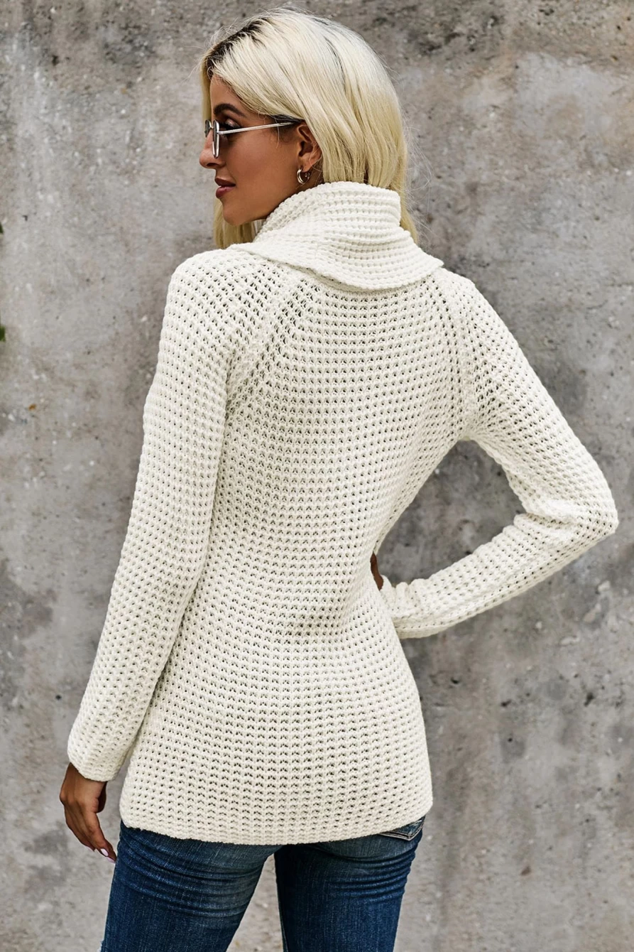 Shewin Women's White Buttoned Wrap Turtleneck Sweater