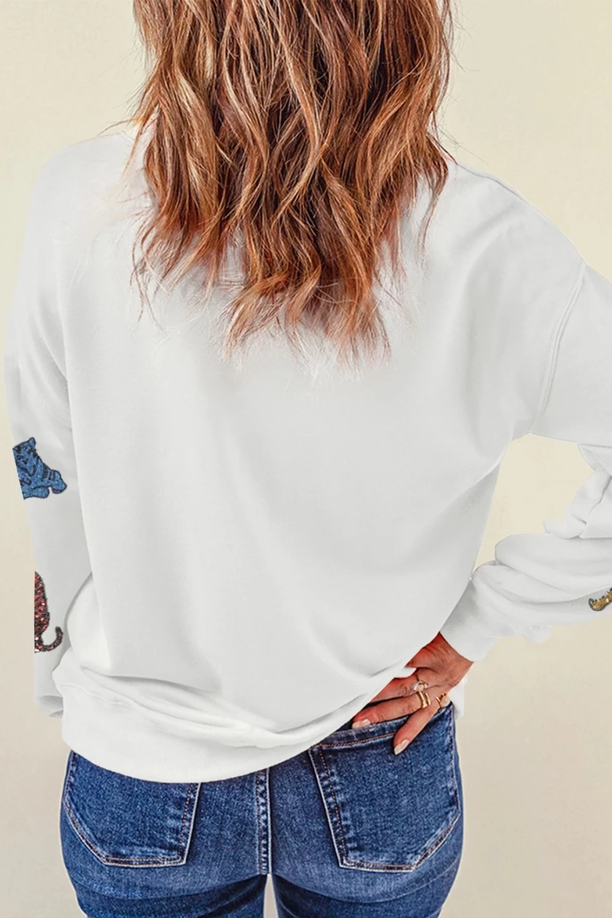 Women's Beige Sequin Tiger Graphic Casual Sweatshirt - Shewin