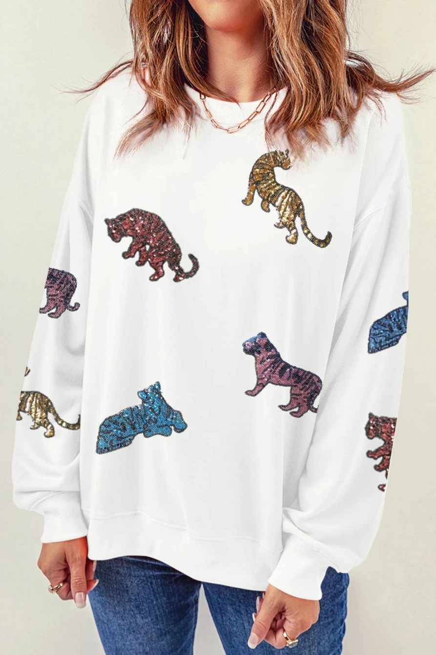 Women's Beige Sequin Tiger Graphic Casual Sweatshirt - Shewin
