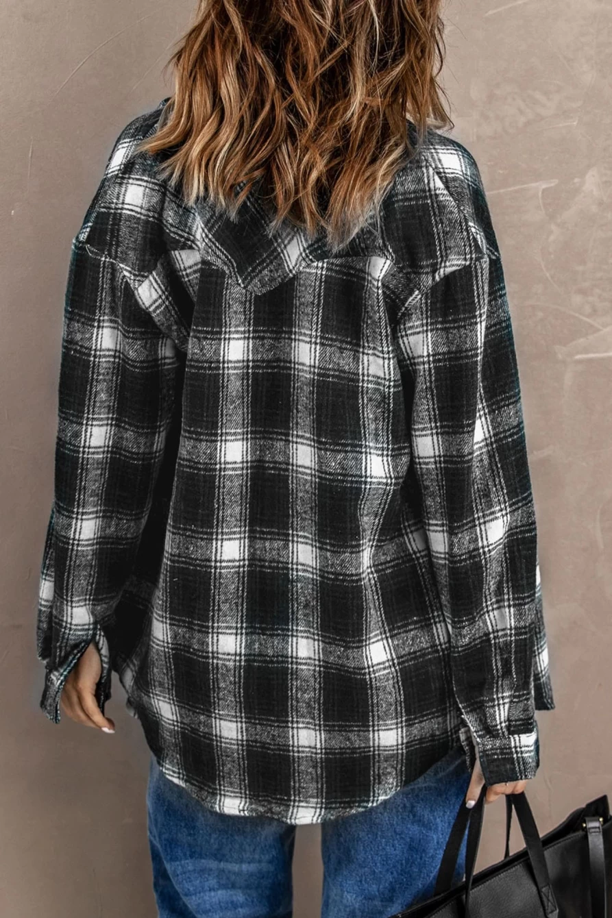 Women's Black Plaid Button-Up Shacket with Collar - Shewin