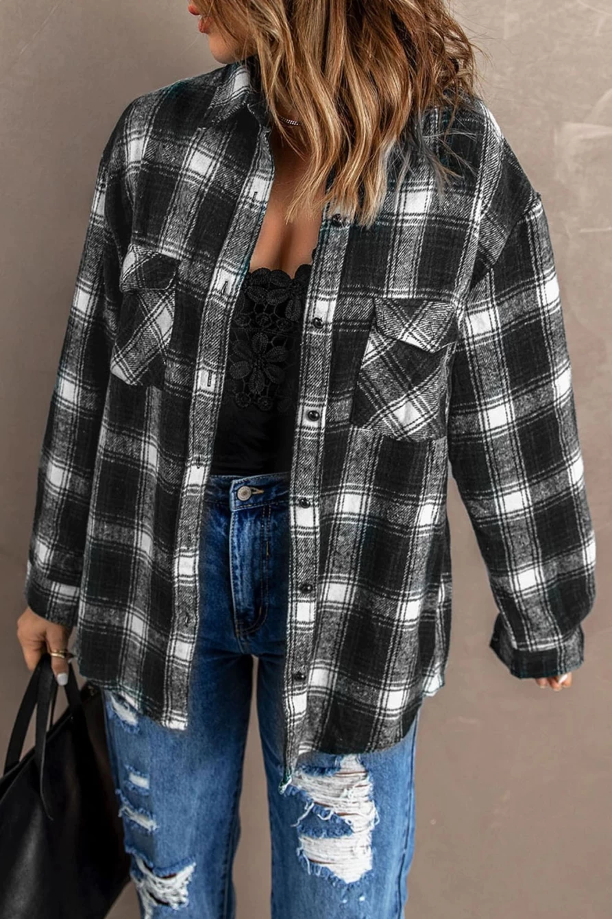 Women's Black Plaid Button-Up Shacket with Collar - Shewin