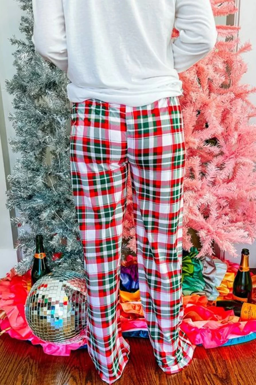 "SheWin Women's Merry Christmas Plaid Pajama Set - Multicolor Holiday Top & Pants"