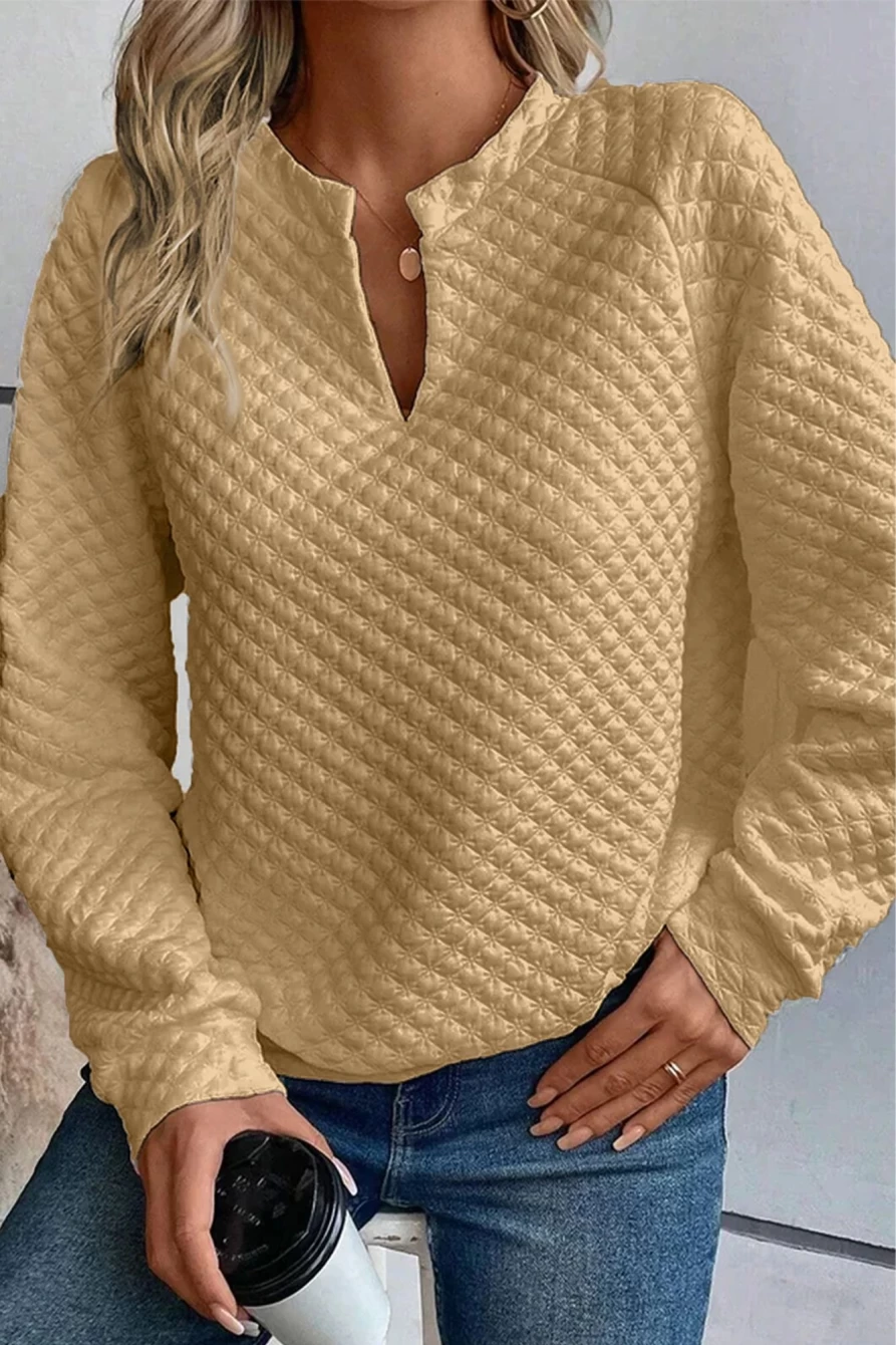 Shewin Women's Khaki Quilted V-Neck Long Sleeve Solid Color Top