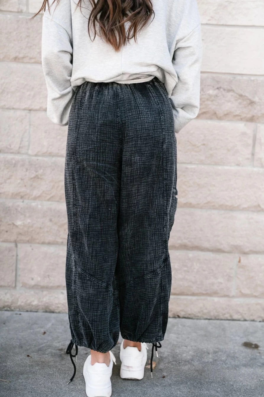 Shewin Women's Black Mineral Washed Cargo Pants with Drawstring Hem & Textured Detail