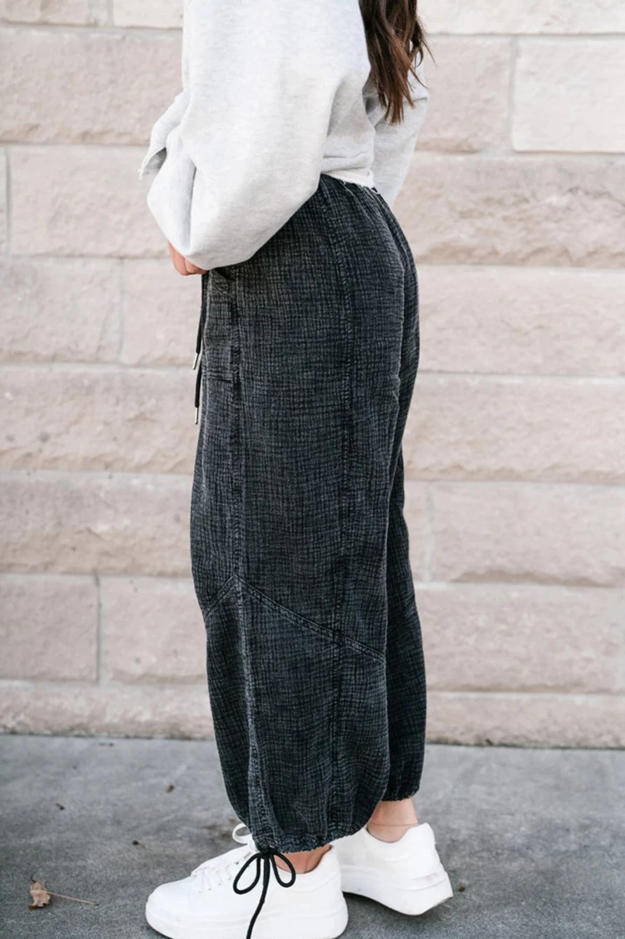 Shewin Women's Black Mineral Washed Cargo Pants with Drawstring Hem & Textured Detail
