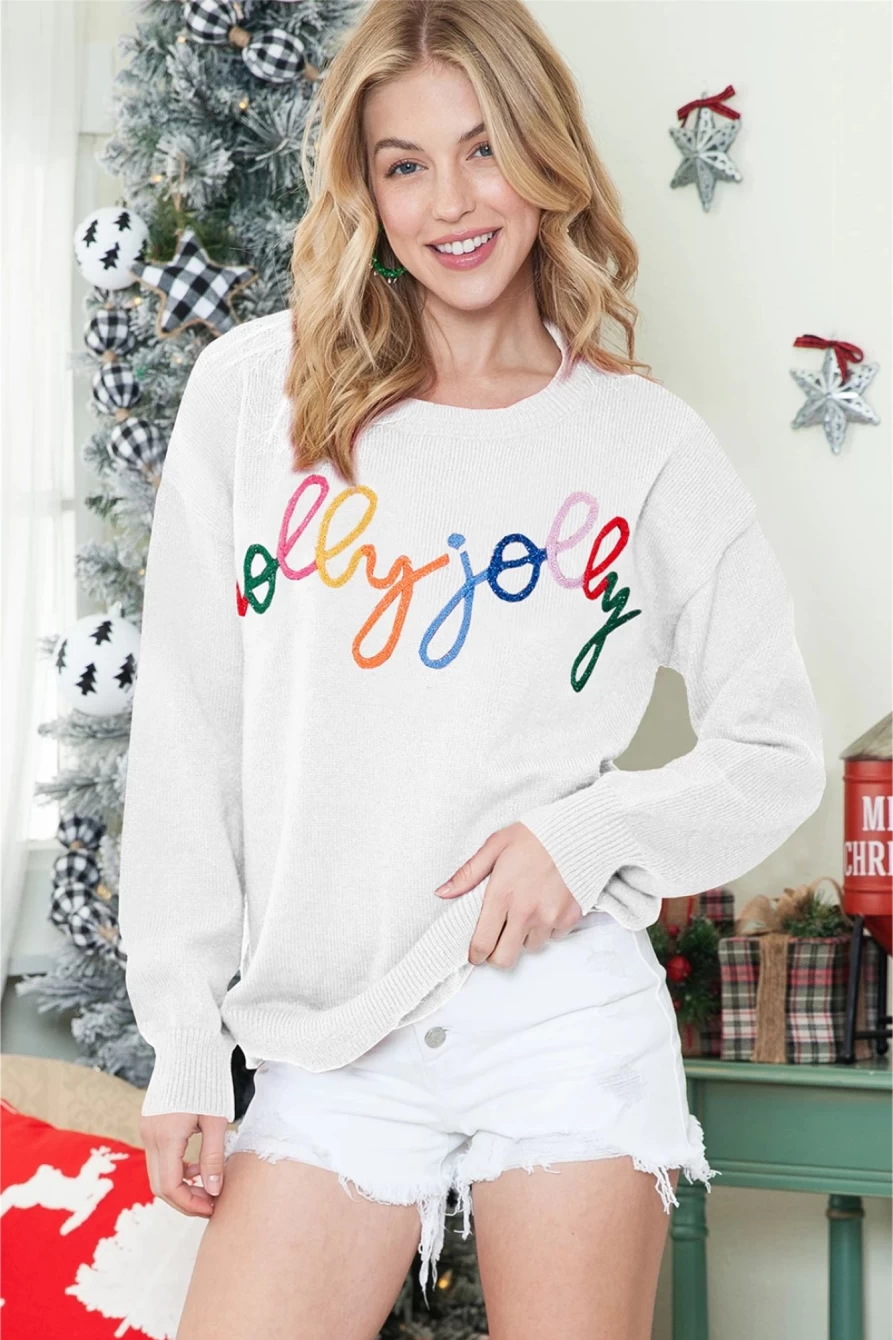 Shewin Women's Bright White Holly Jolly Casual Round Neck Sweater