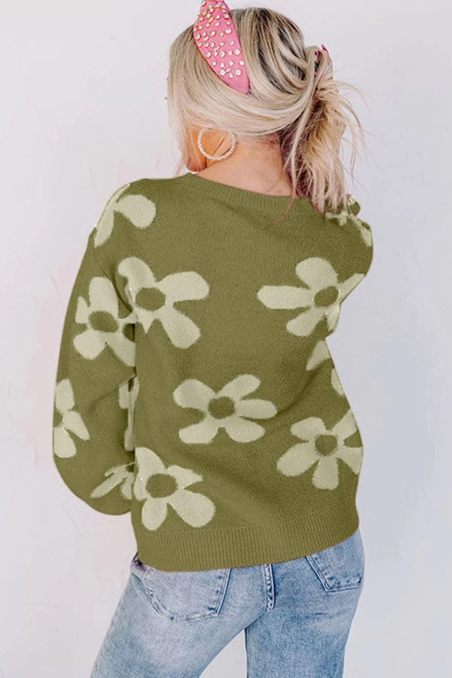 Shewin Women's Cypress Floral Print Knitted Long Sleeve Pullover Sweater