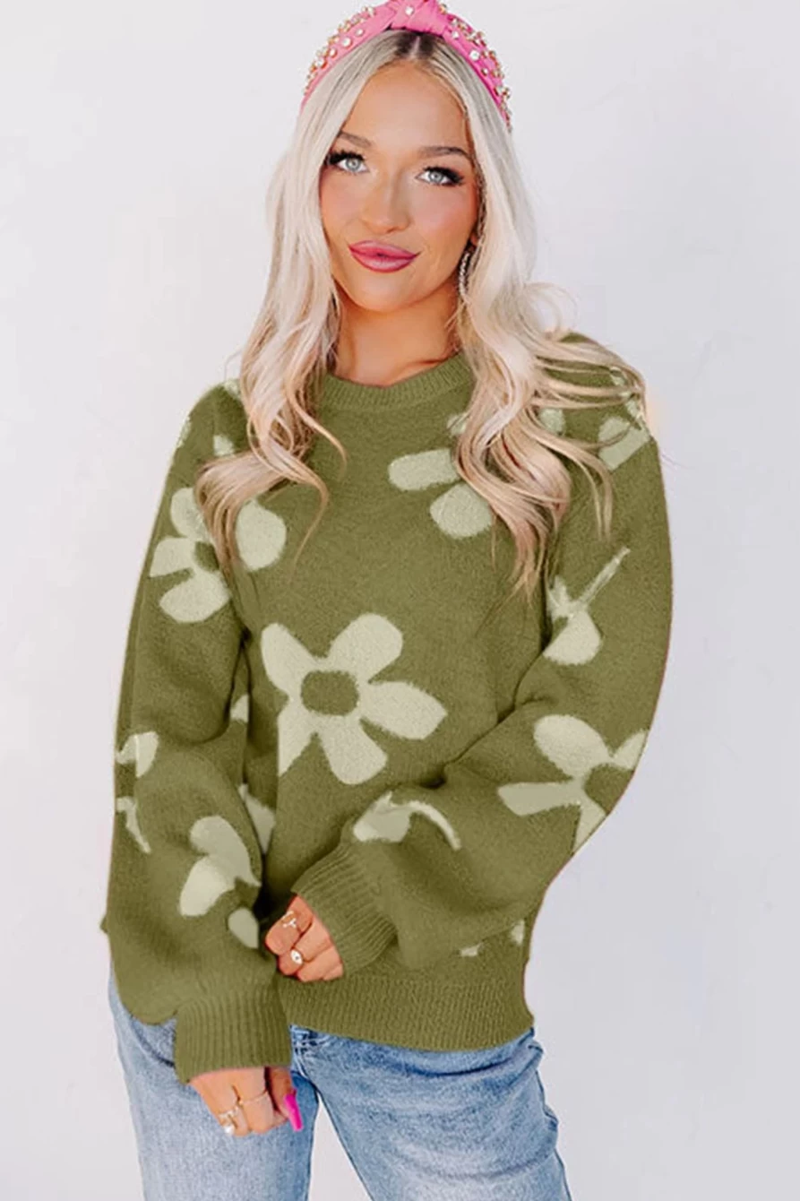 Shewin Women's Cypress Floral Print Knitted Long Sleeve Pullover Sweater