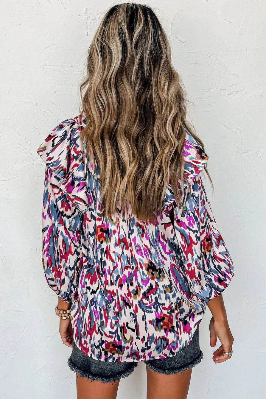 Shewin Women's Multicolour Abstract Print 3/4 Puff Sleeve Ruffle Blouse