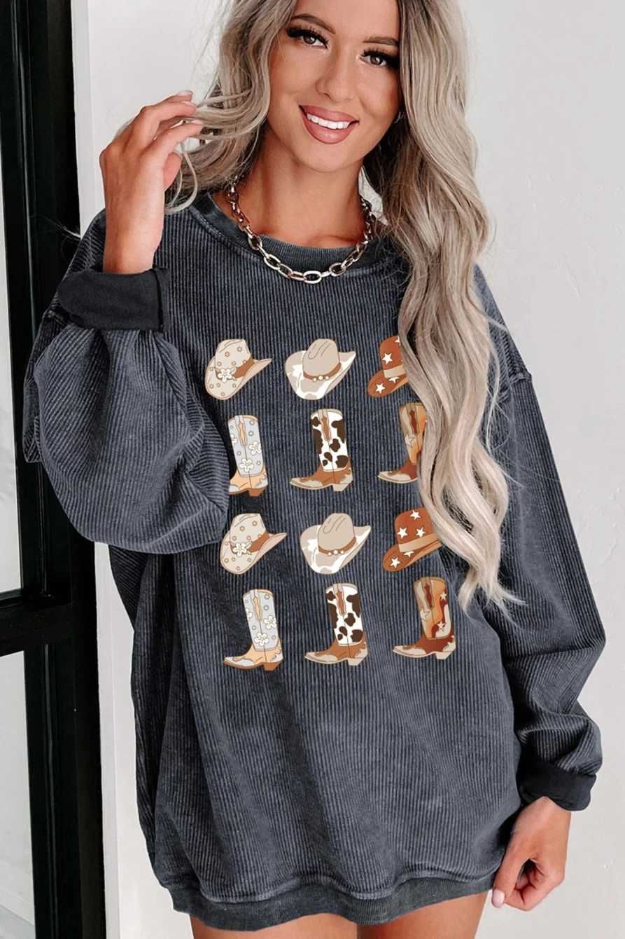 Shewin Women's Gray Graphic Sweatshirt with Boots & Cowboy Hat Print