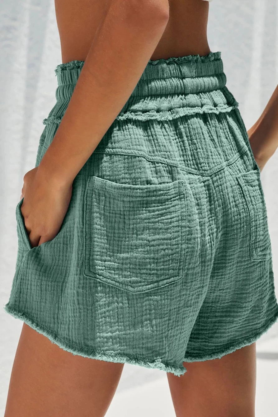 Shewin Women's Mist Green Smocked Drawstring Raw Edge Shorts