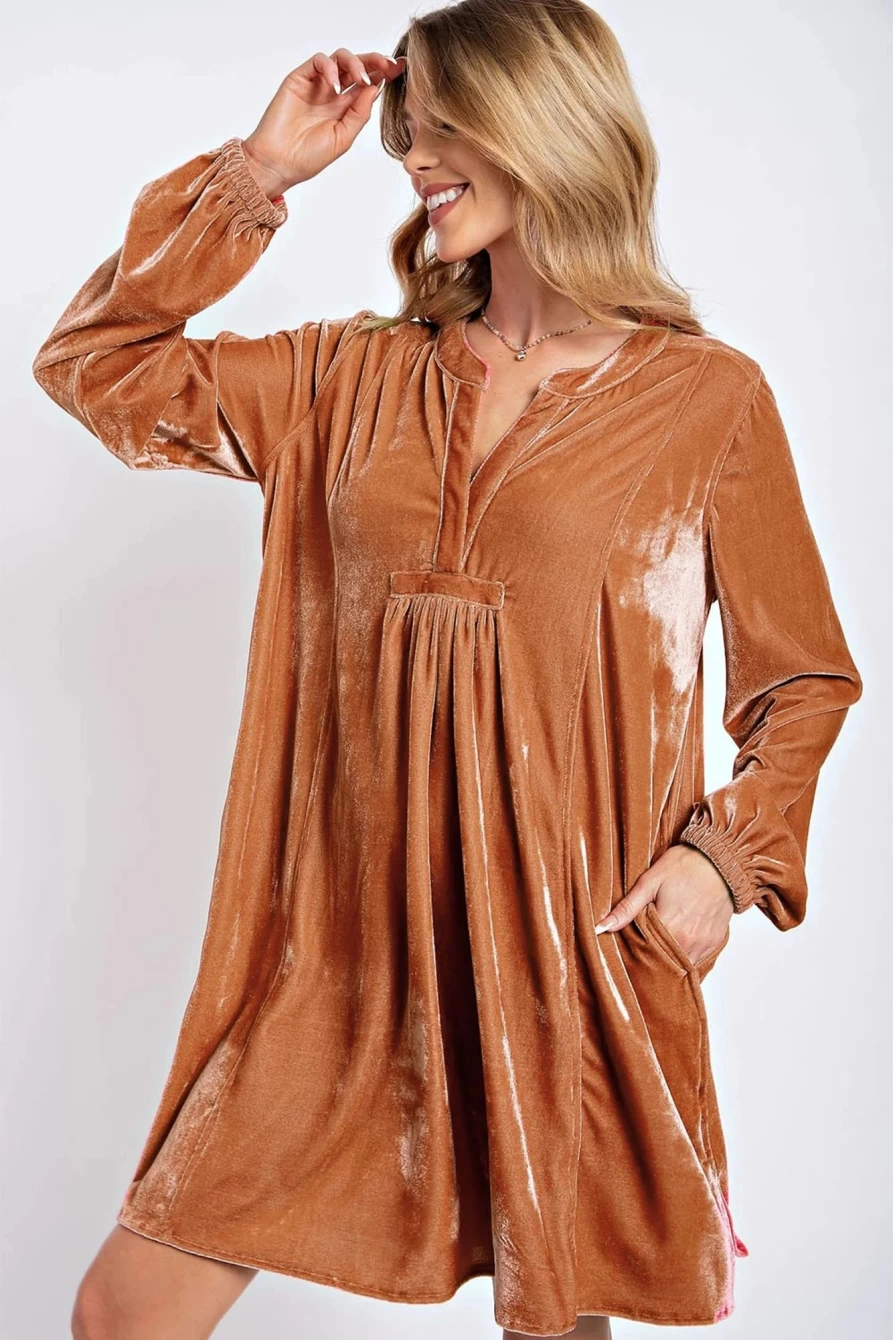 Shewin Women's Chestnut V-Neck Pleated Pocket Mini Dress