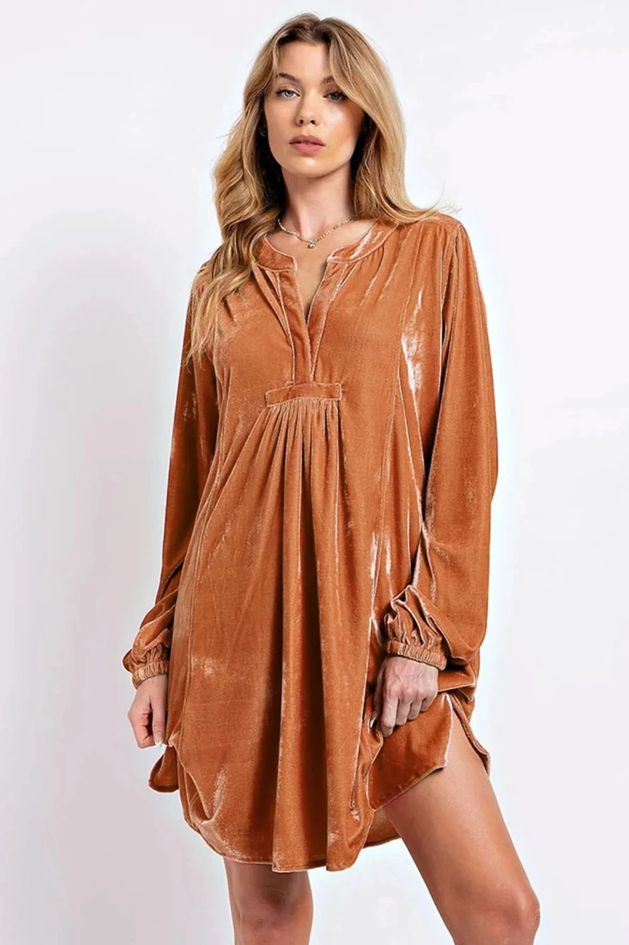 Shewin Women's Chestnut V-Neck Pleated Pocket Mini Dress