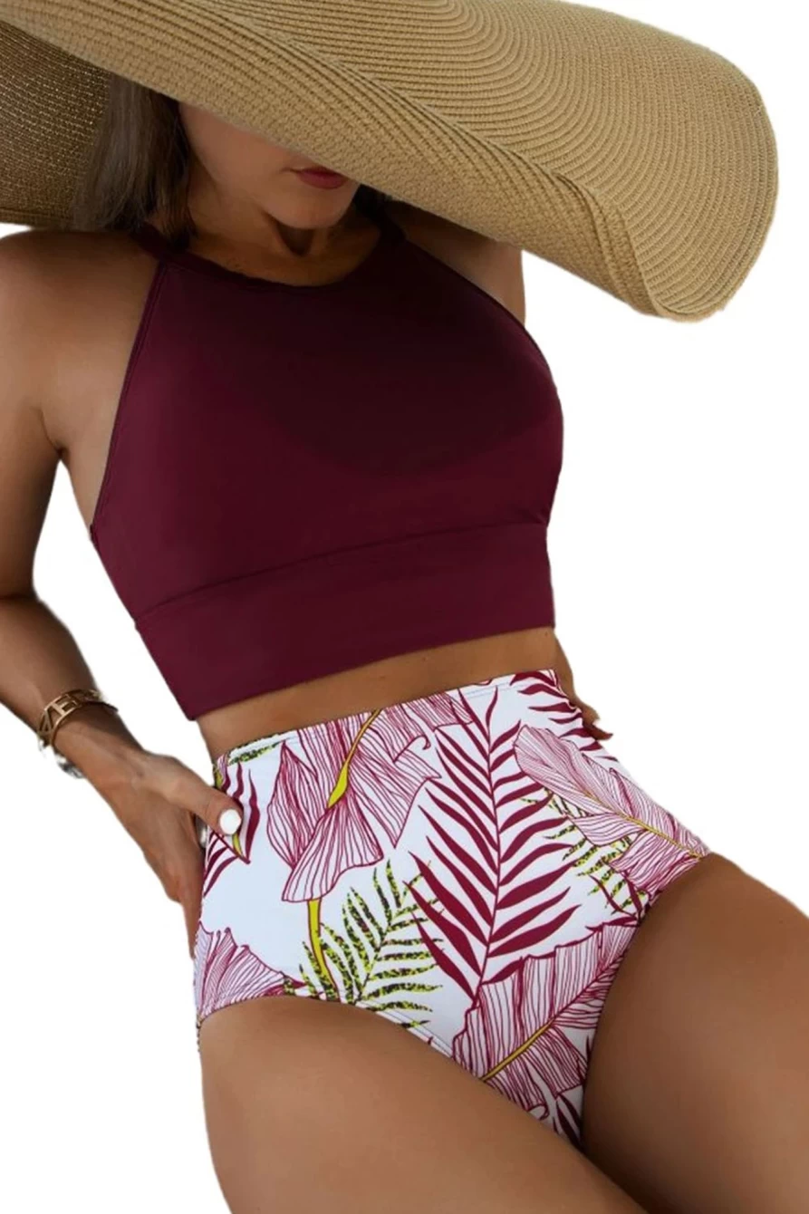 Women's High Waisted Swimsuit - Shewin Red Tropical Print Color Block Bikini with Back Split Design