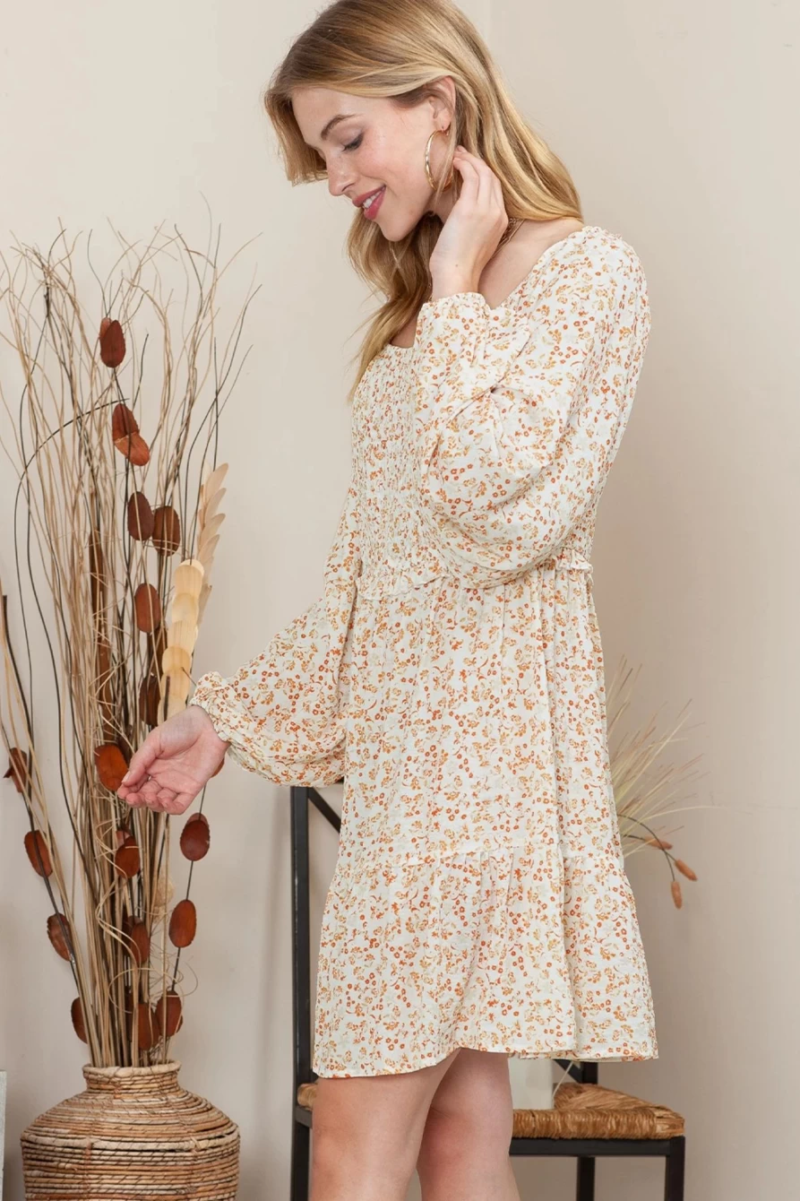 Shewin Women's Boho Floral Smocked Puff Sleeve Short Dress in Apricot