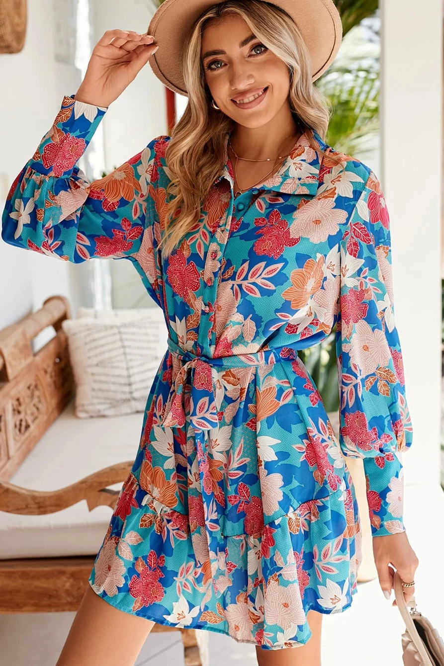 Shewin Women's Blue Boho Floral Print Mini Dress with Lantern Sleeves and Belt