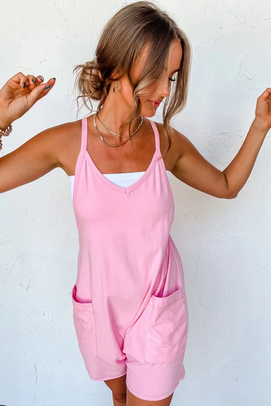 Shewin Women's Pink Spaghetti Straps V-Neck Romper with Pockets