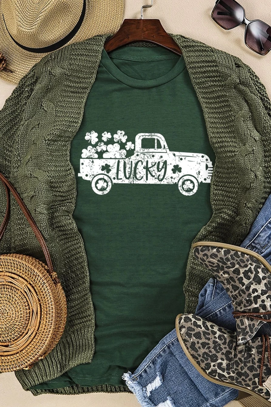 "Shewin Women's Green Lucky Truck Clover Graphic T-Shirt - Crew Neck Casual Tee"