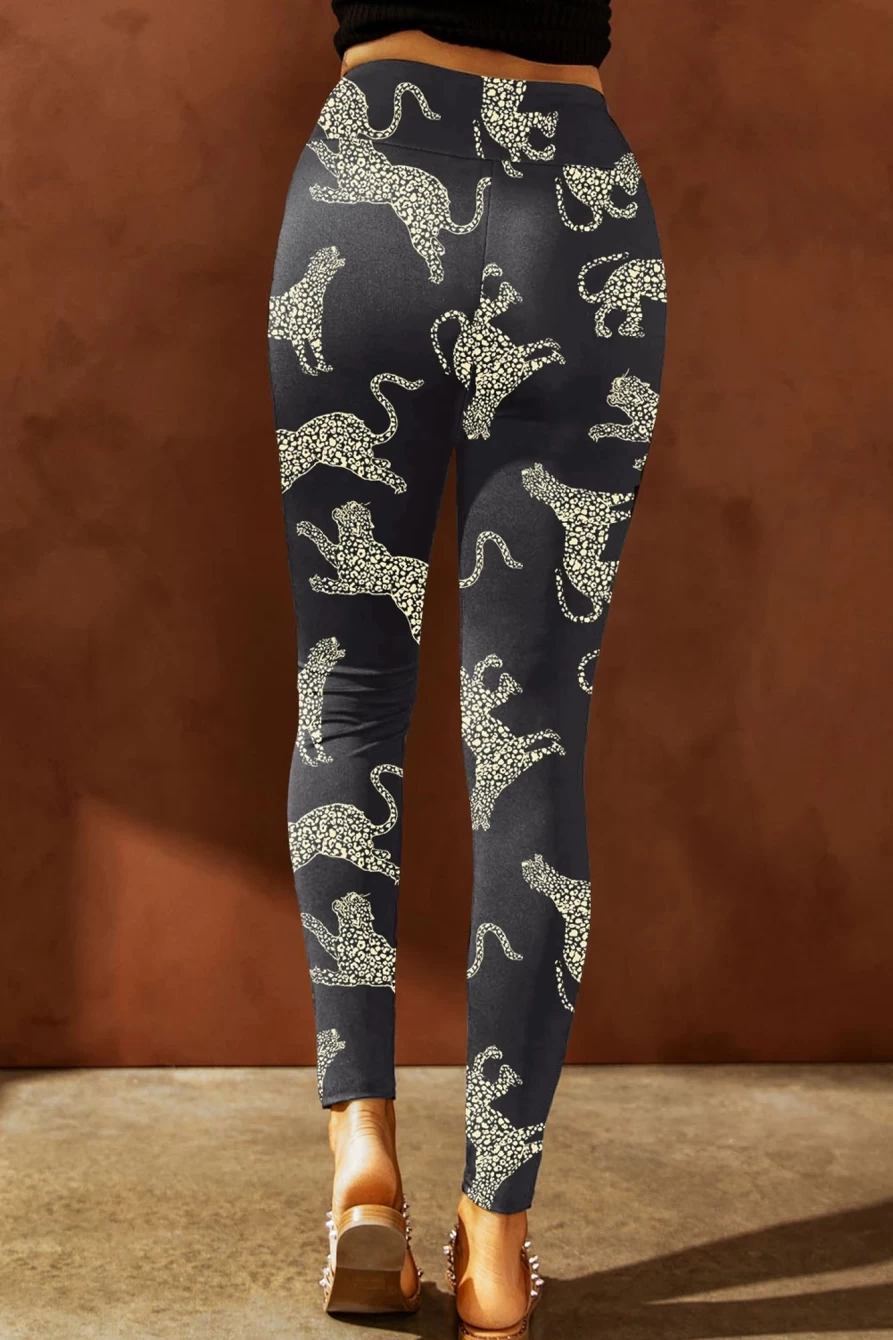 Shewin Women's Black Printed Cheetah High Rise Ripped Leggings