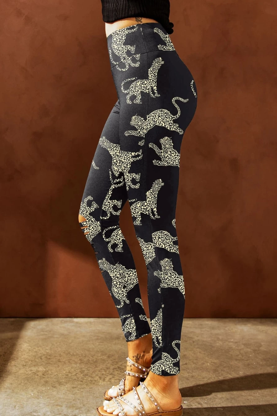 Shewin Women's Black Printed Cheetah High Rise Ripped Leggings