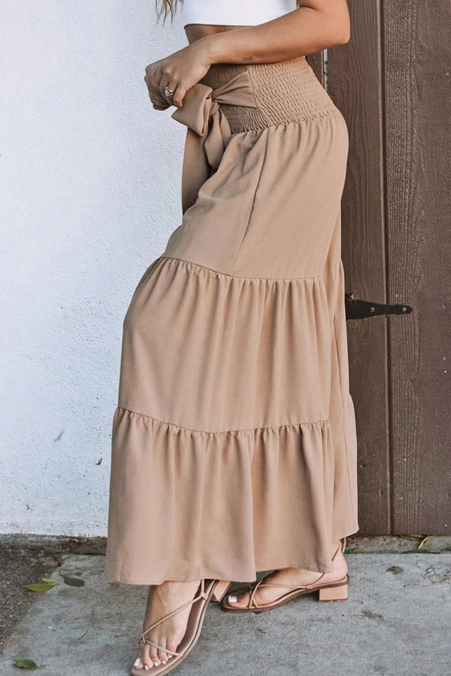Shewin Women's Khaki Wide Leg Pants with Lace Up Detail & Smocked Waist