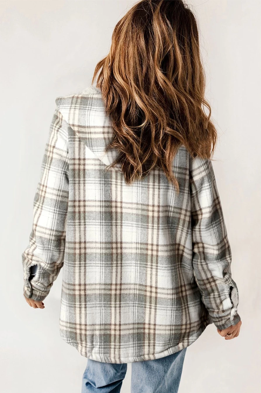 Women's Gray Sherpa Lined Hooded Flannel Jacket with Snap Buttons - Shewin