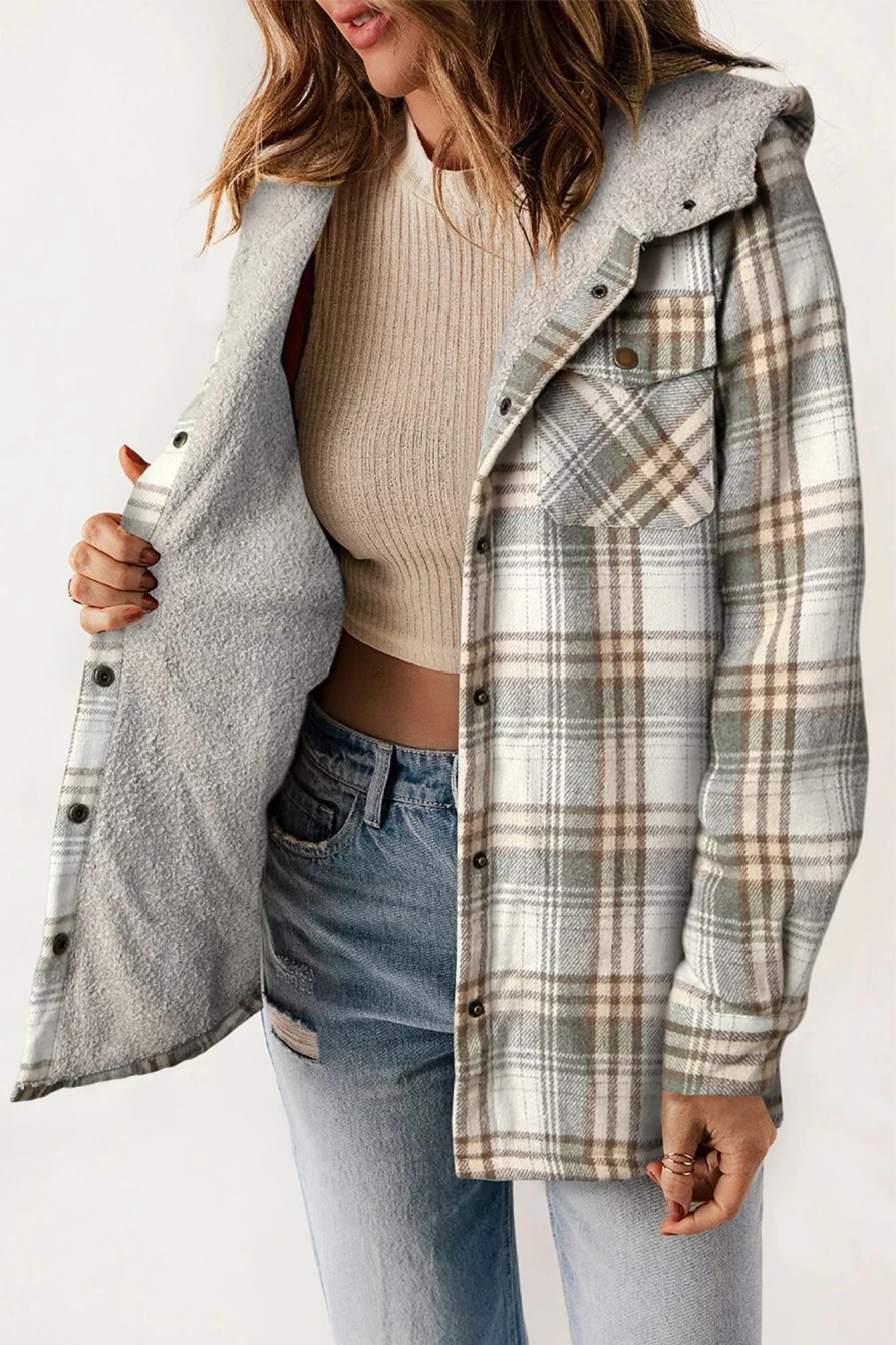 Women's Gray Sherpa Lined Hooded Flannel Jacket with Snap Buttons - Shewin