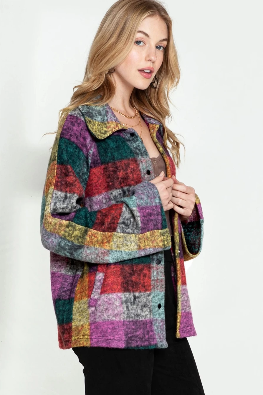 Shewin Women's Multicolour Brushed Checked Loose Jacket with Pockets & Button-Up Design