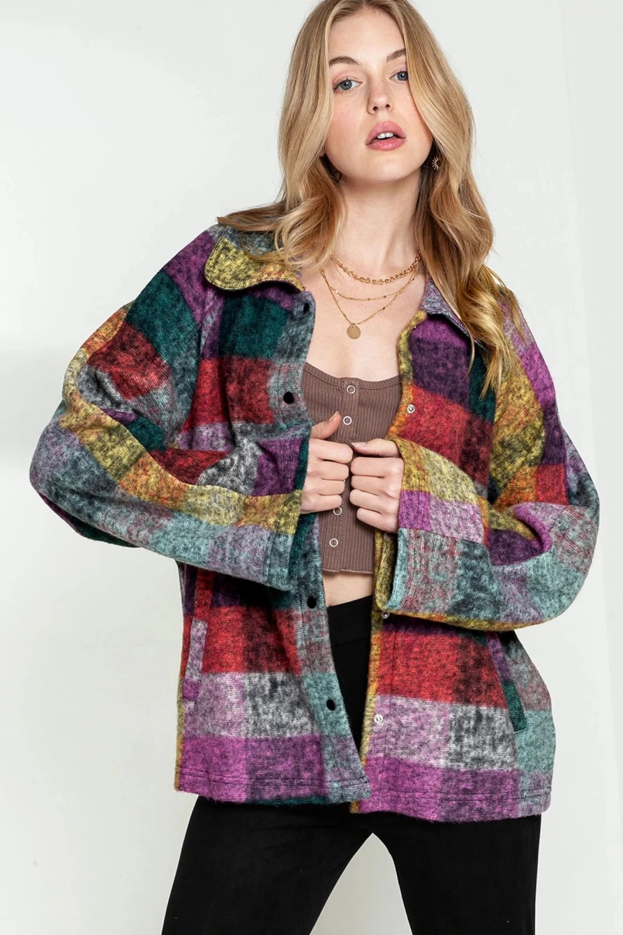 Shewin Women's Multicolour Brushed Checked Loose Jacket with Pockets & Button-Up Design