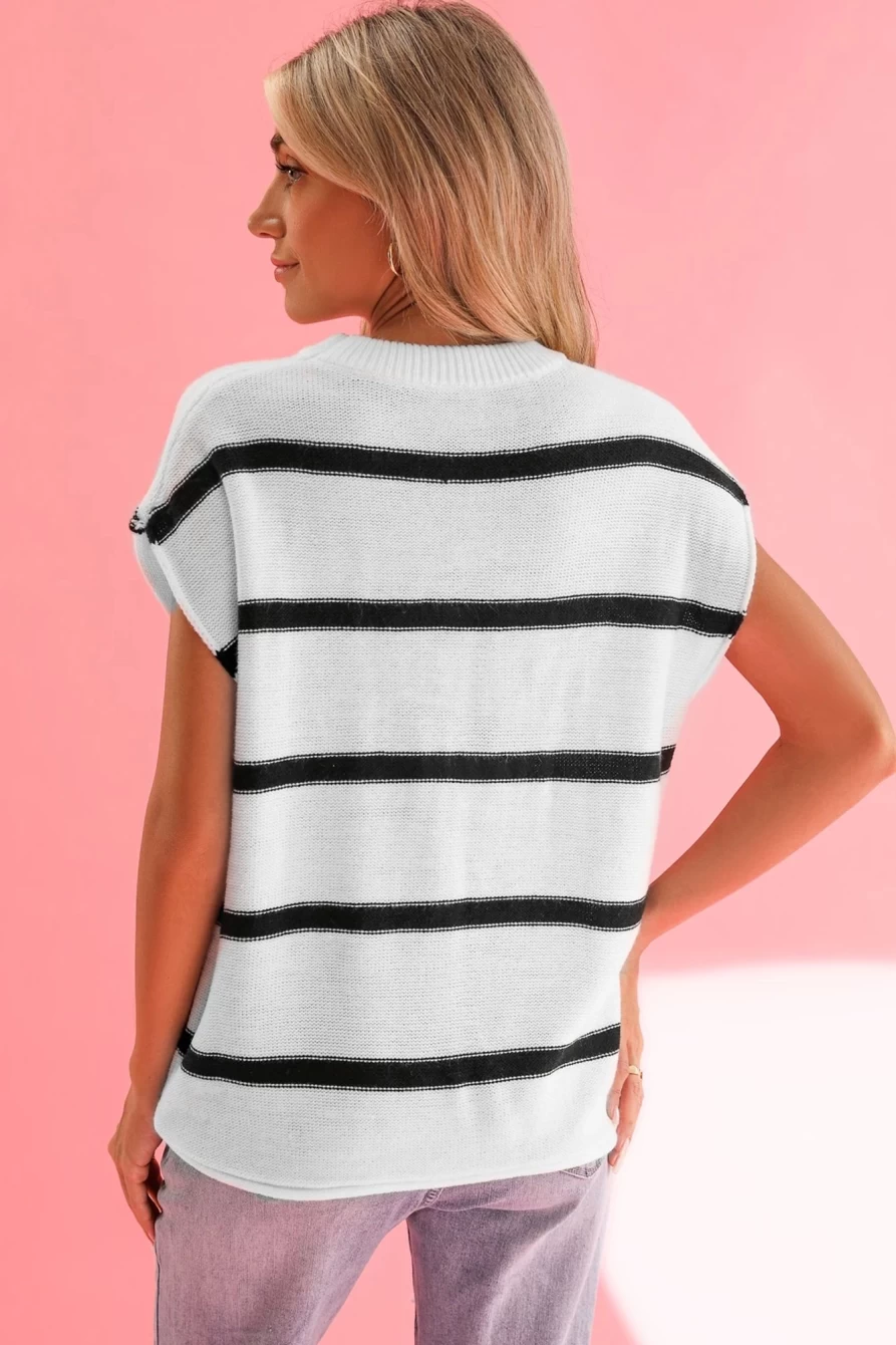 Women's Bright White Striped Short Sleeve Sweater - Shewin Center Seamed Top