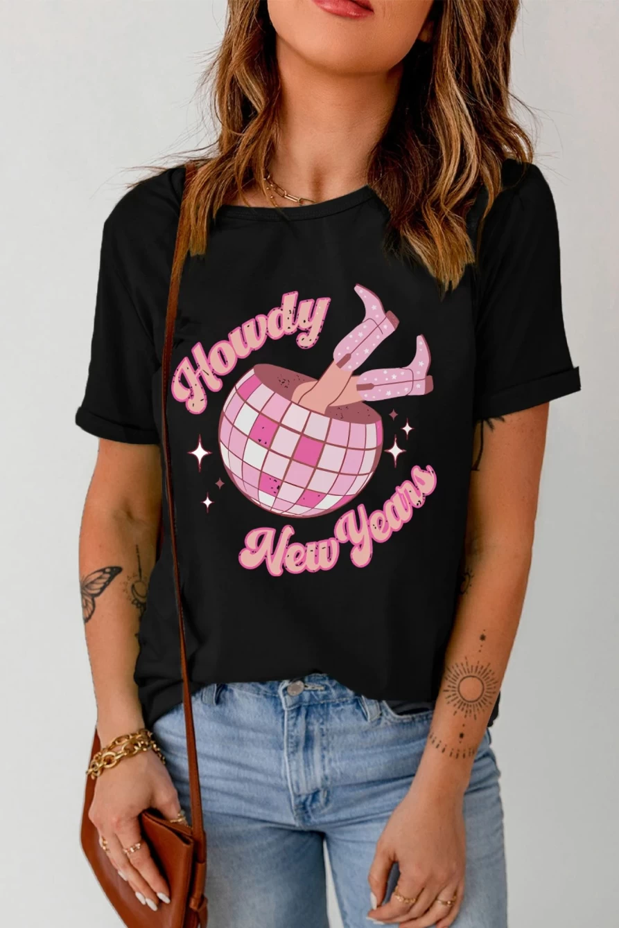 Shewin Women's Black Howdy New Year Graphic Round Neck T-Shirt
