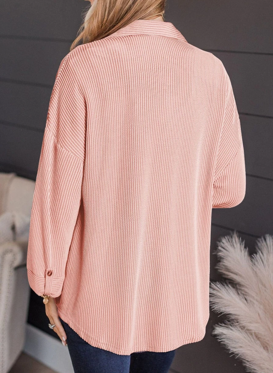 Shewin Women's Pink Textured Roll Tab Sleeve Shirt Shacket - Solid Color Casual Top