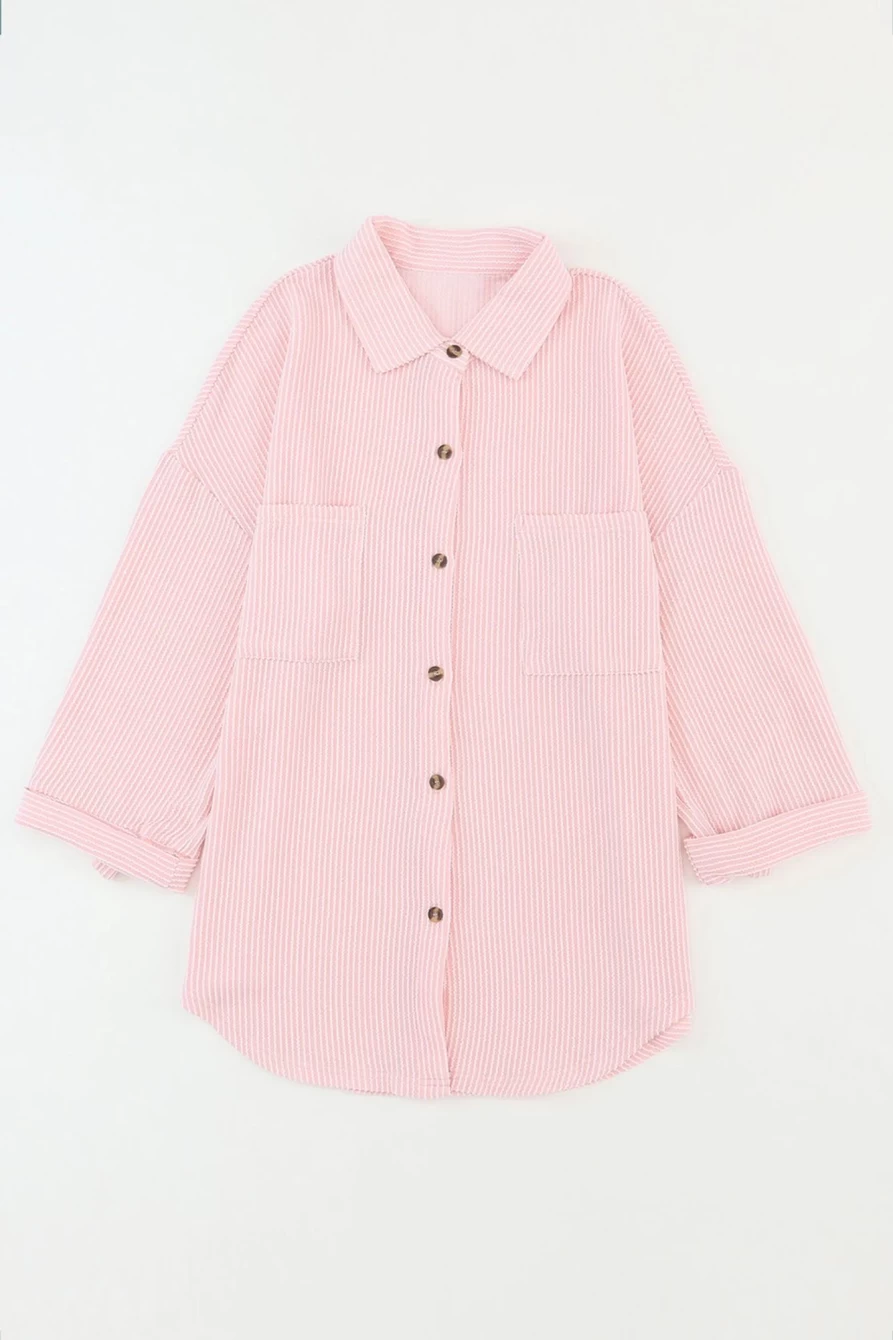 Shewin Women's Pink Textured Roll Tab Sleeve Shirt Shacket - Solid Color Casual Top