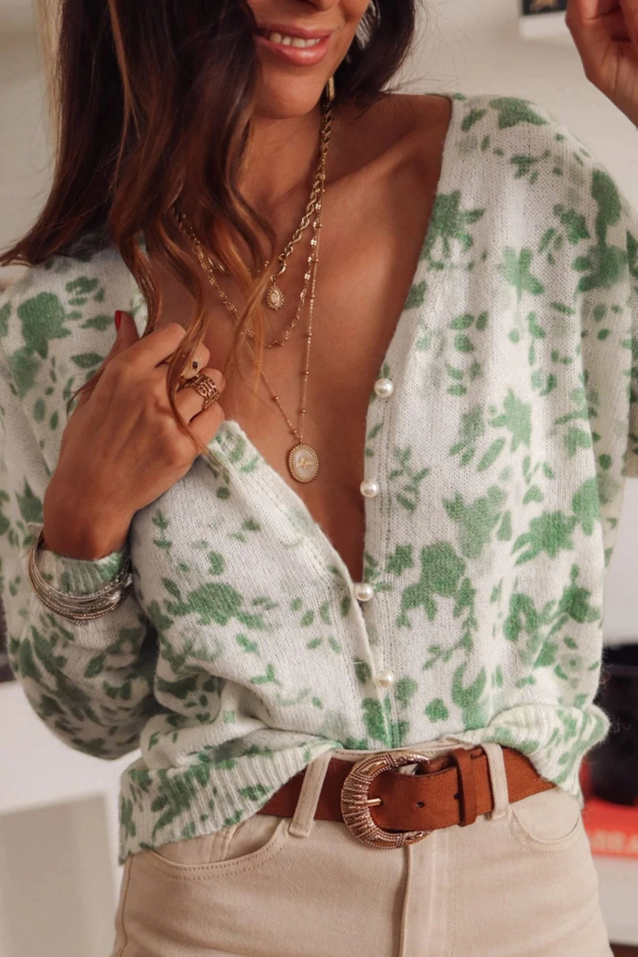 Shewin Women's Green Abstract Print V-Neck Top with Pearl Buttons