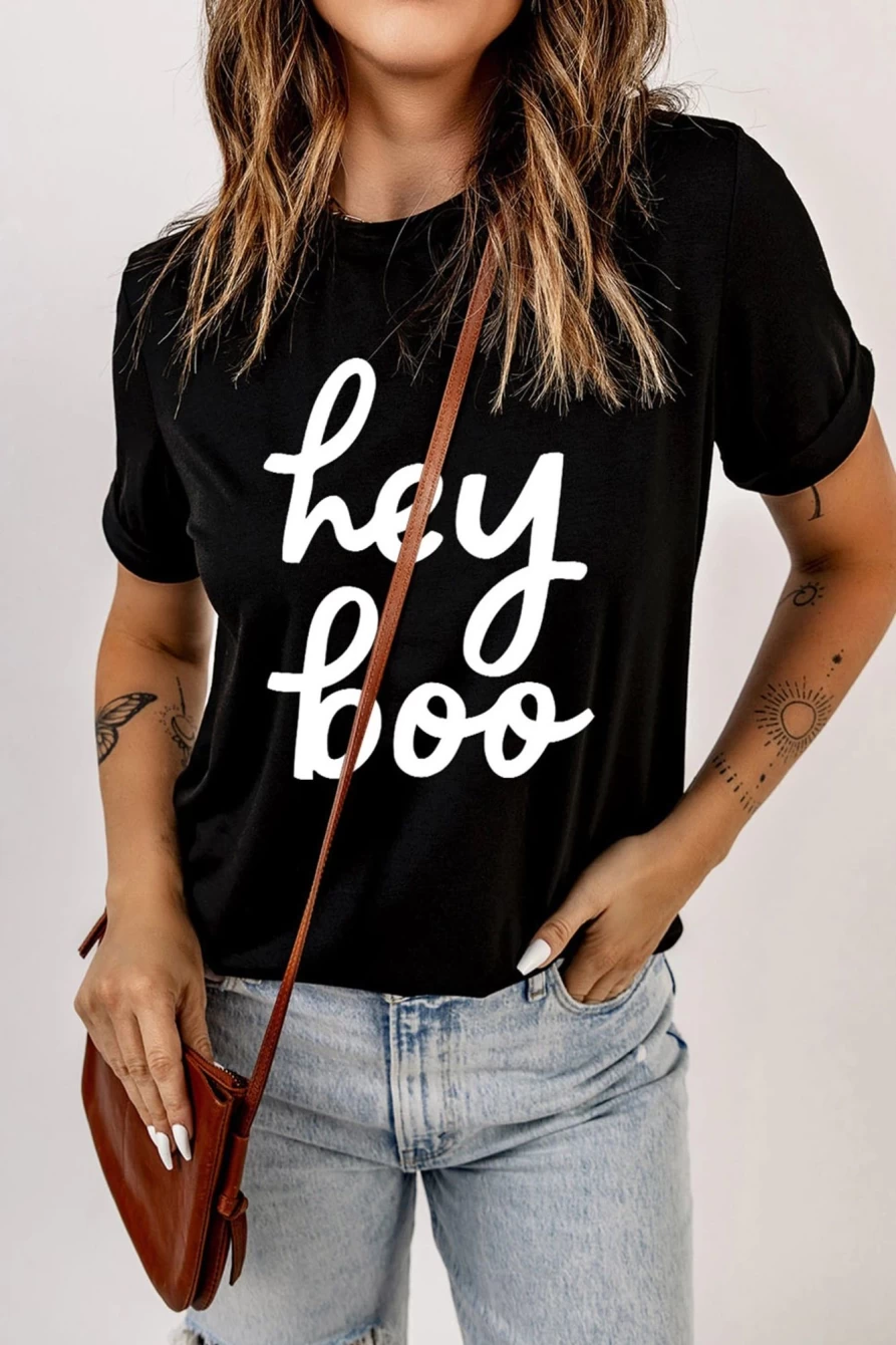 "Shewin Women's Black Wordart Graphic T-Shirt - Hey Boo Design"