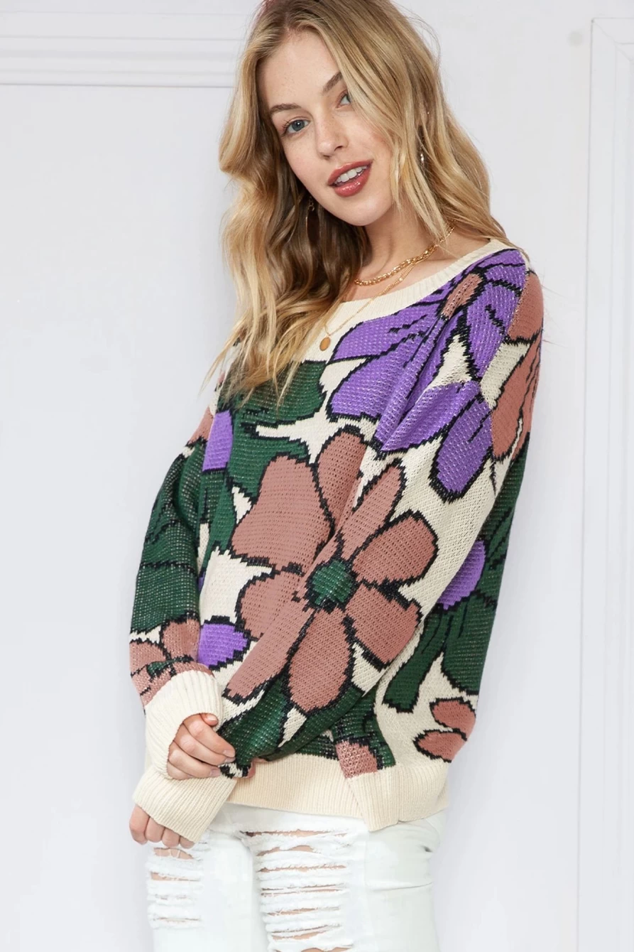 "Shewin Women's Multicolour Floral Knitted Sweater - Vibrant Pattern Pullover"