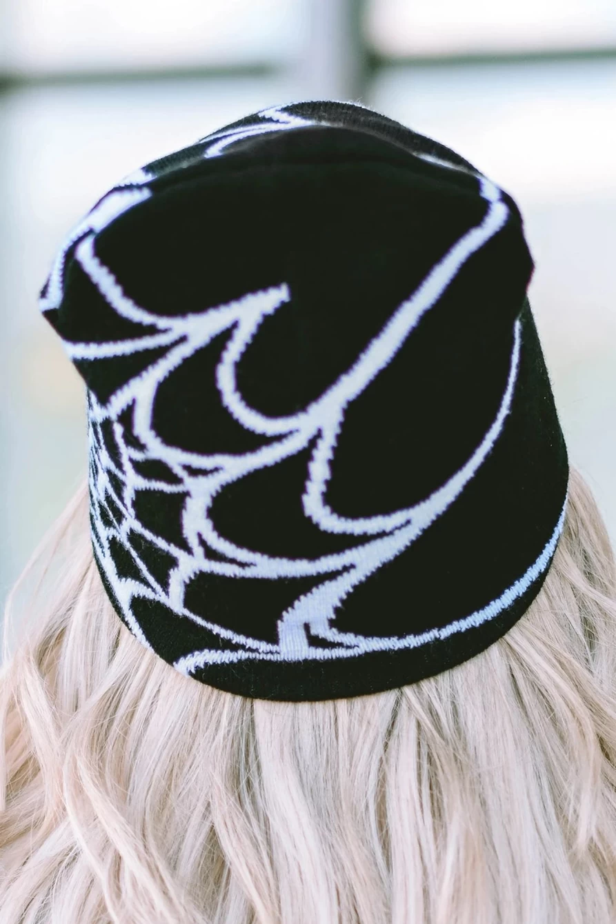 Shewin Women's Black Woolen Halloween Hat with Cobweb Pattern - Warm Knit Beanie for Women